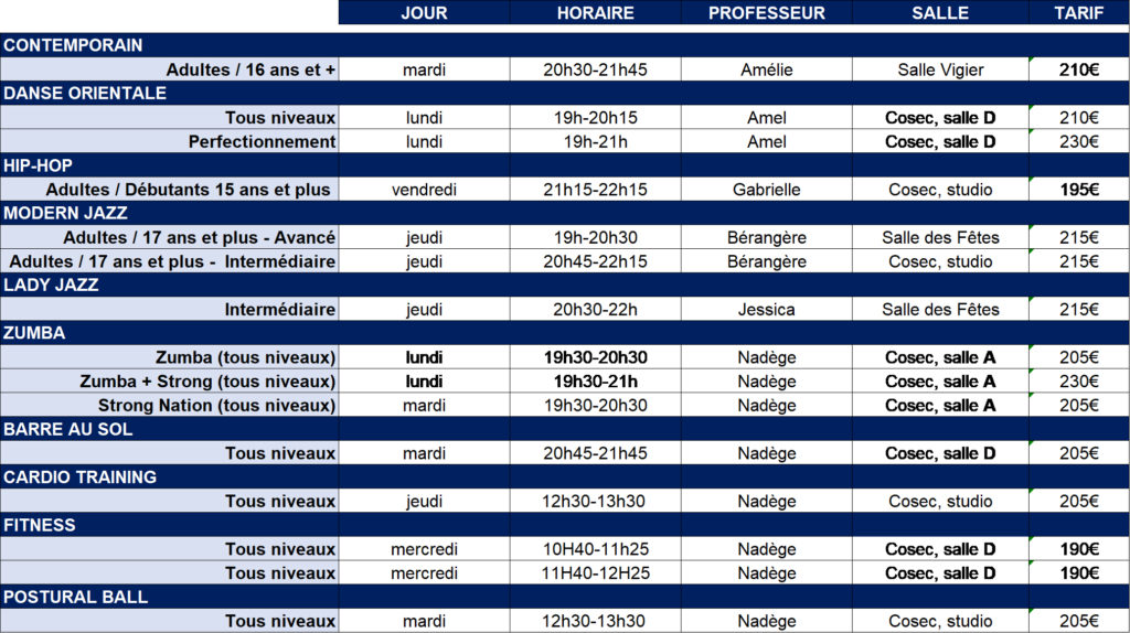 Tarifs et horaires 2020/2021 : cours adultes et enfants de plus de 16 ans