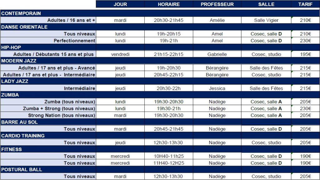 Tarifs et horaires : cours adultes et enfants de plus de 16 ans